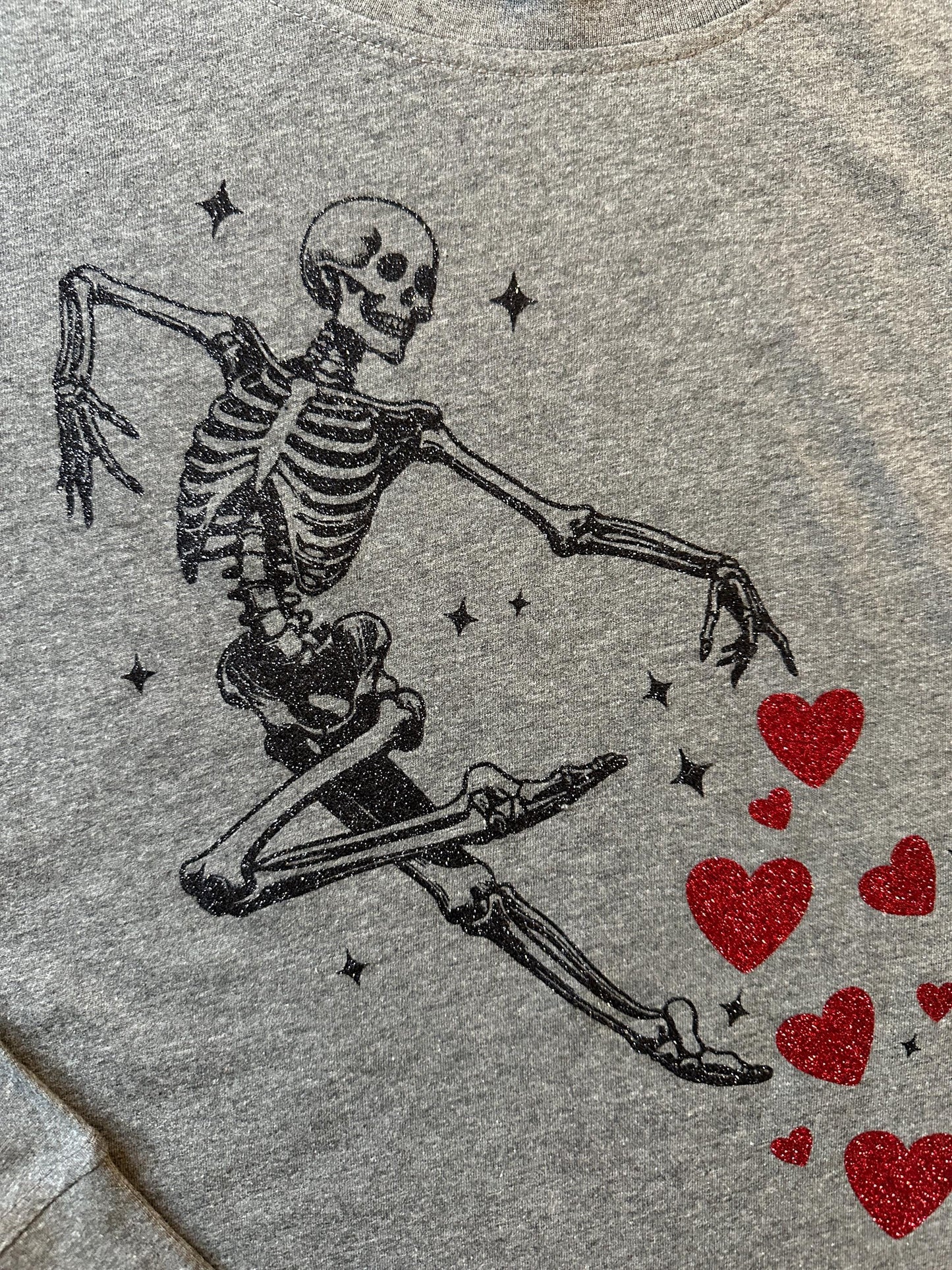 Dancing Skeleton Valentines Long sleeve T-shirt with hearts Varsity style t-shirt for valentines day skeleton ballerina style glitter