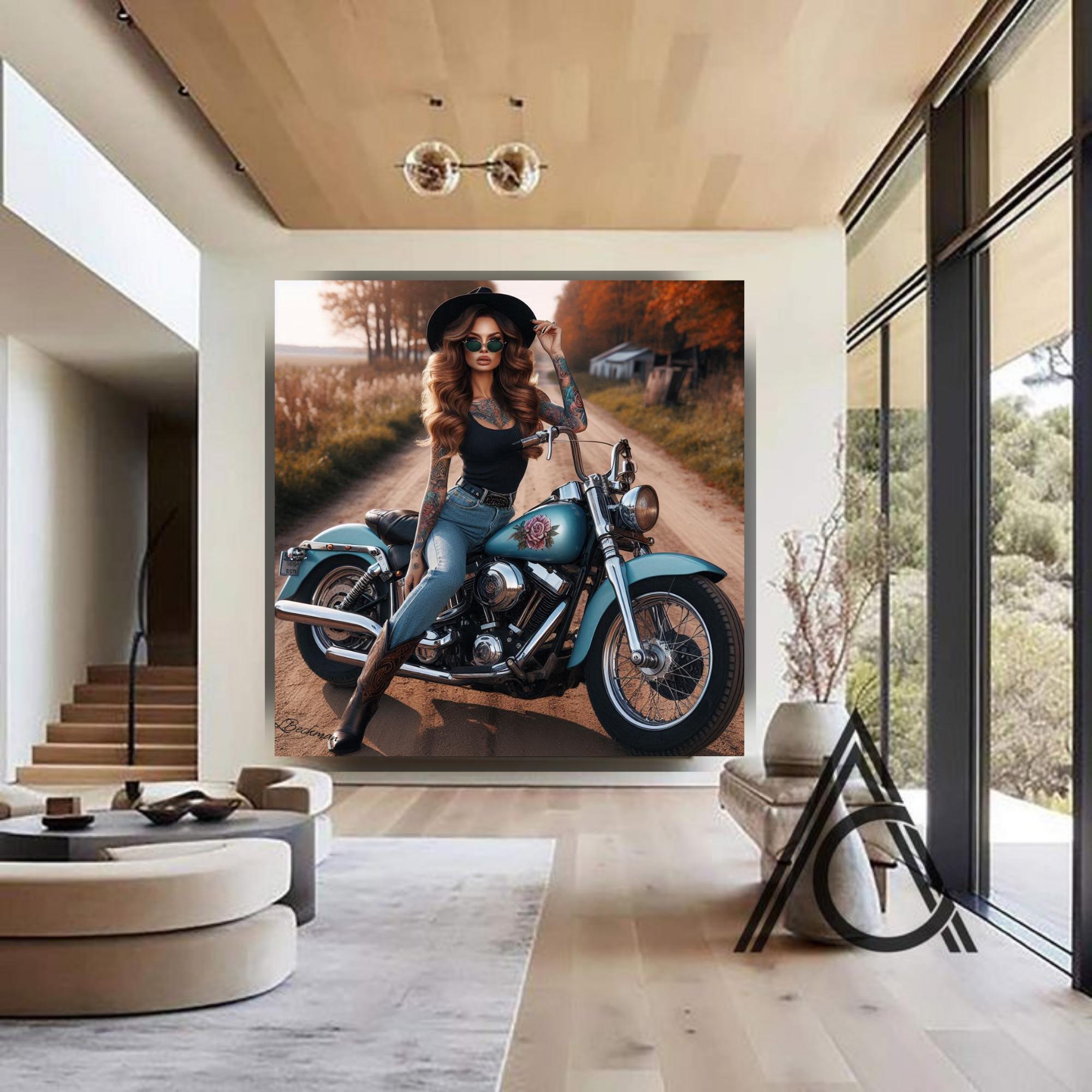 2 Page Blue Stallion | Motorcycle Wall Art | Canvas Painting | Garage Decor | Retro Motorbike Art | Girl Room Art| Motorbike Canvas Painting