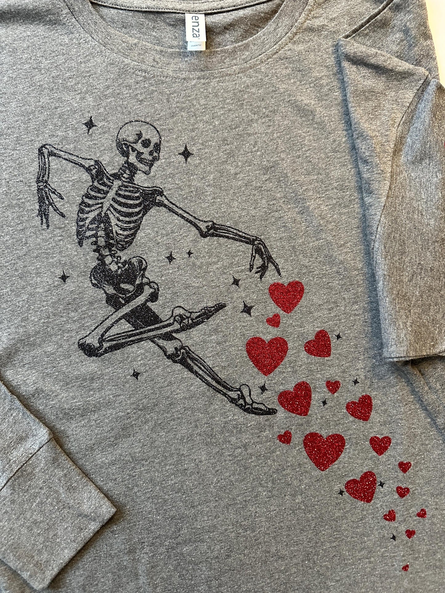 Dancing Skeleton Valentines Long sleeve T-shirt with hearts Varsity style t-shirt for valentines day skeleton ballerina style glitter