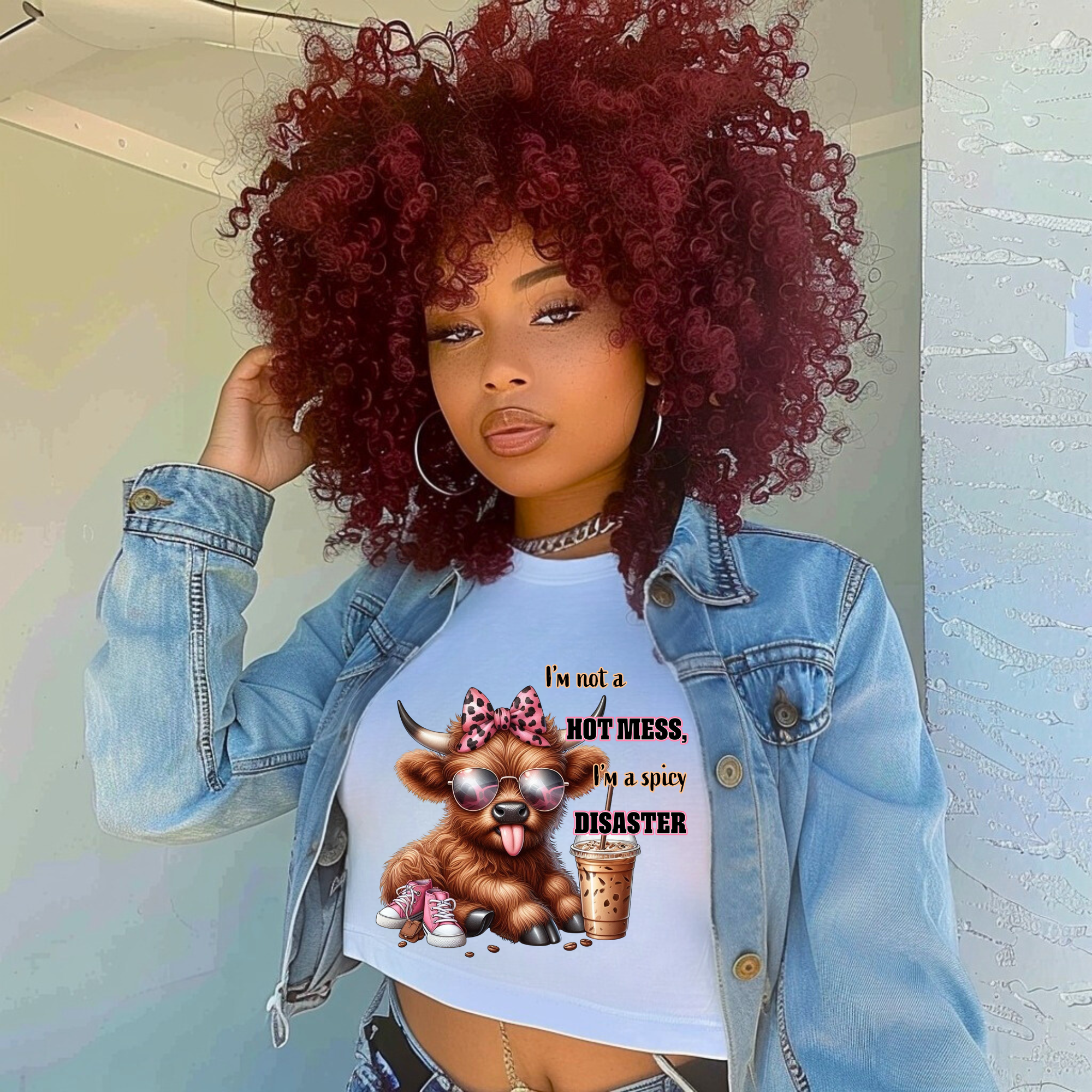 Highland Cow | Spicy Disaster | Bit of a Mess But Doin My Best | Womens Flowy Cropped Tee | Bella Canvas | Short Sleeve T-shirt | Spicy Disaster