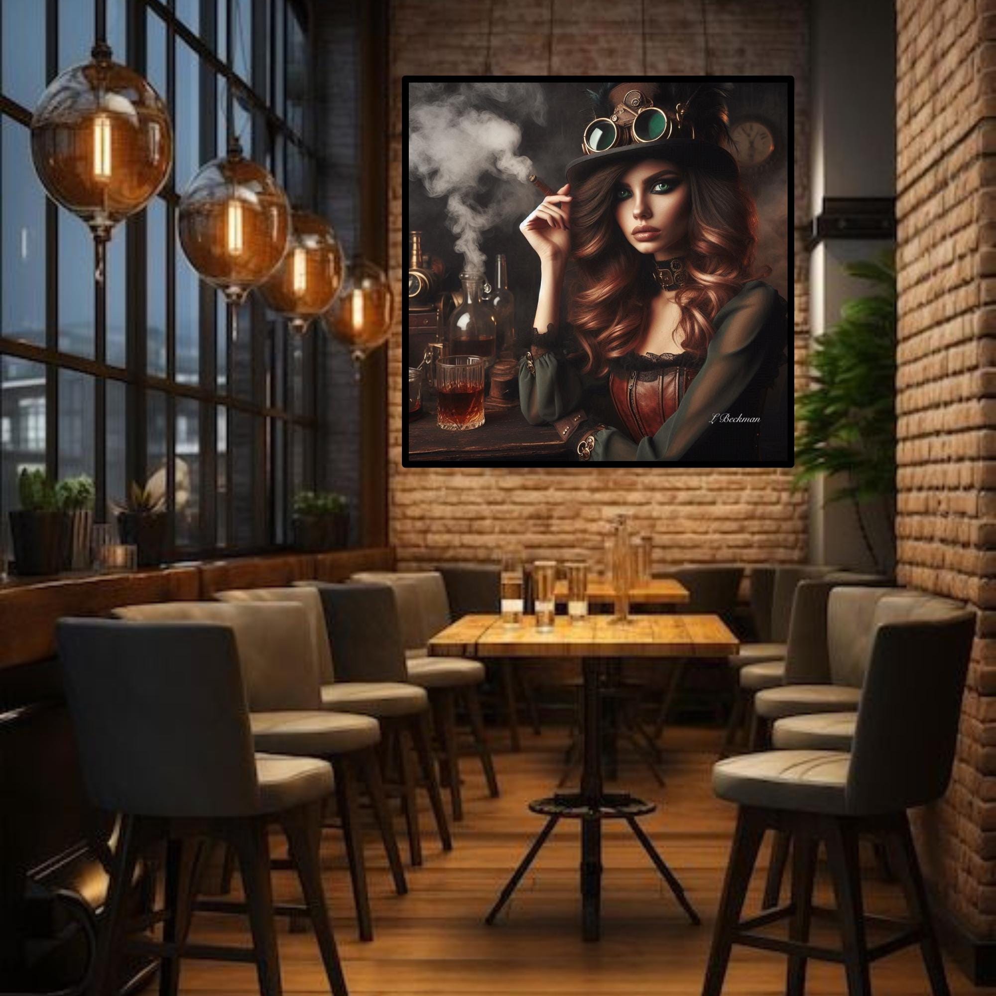 Steampunk Lady Smoking Printable Wall Art| Modern Wall Art| Bar  Decor| Trendy Woman Art| Good Vibes Bar Decor| Woman Smoking Art | Canvas