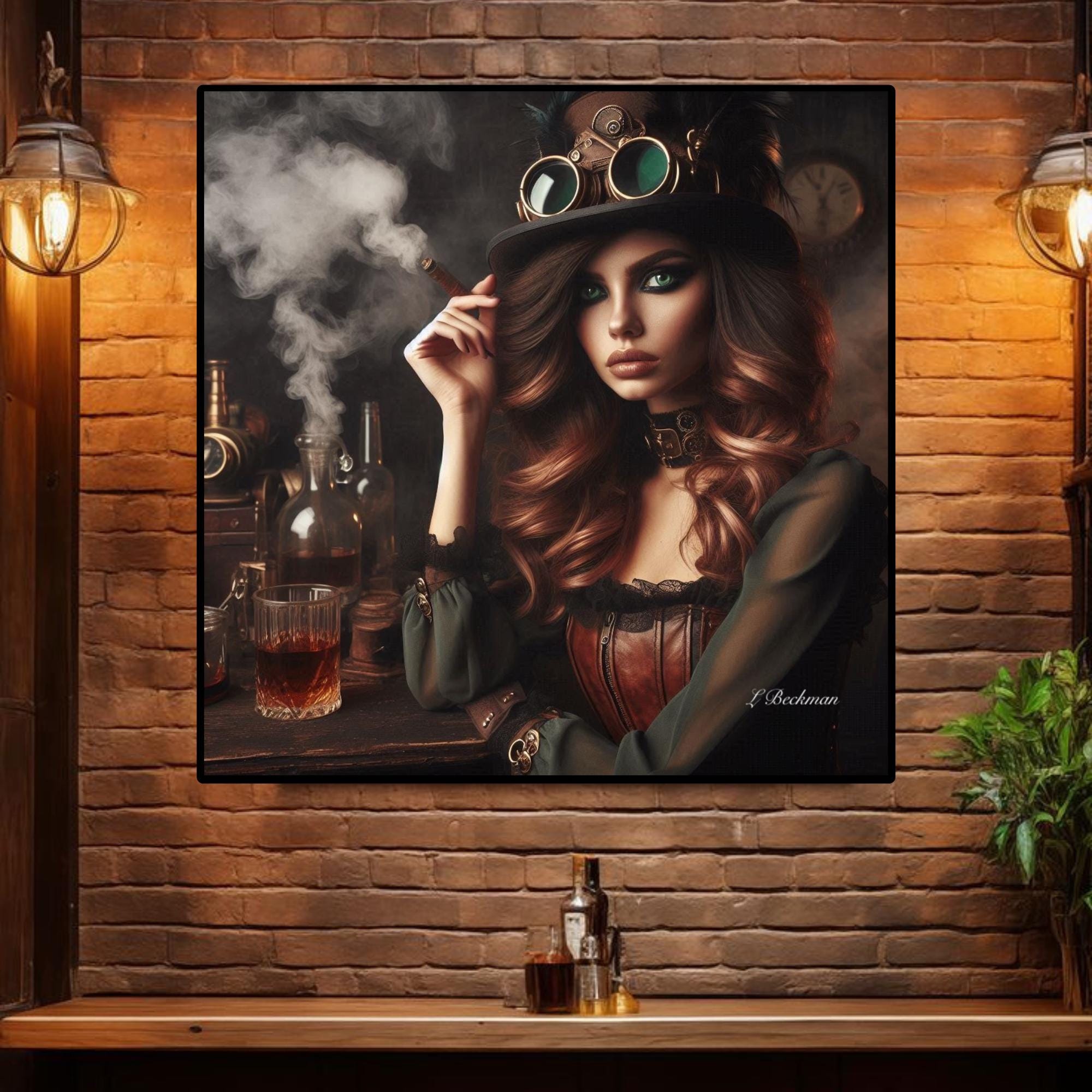 Steampunk Lady Smoking Printable Wall Art| Modern Wall Art| Bar  Decor| Trendy Woman Art| Good Vibes Bar Decor| Woman Smoking Art | Canvas