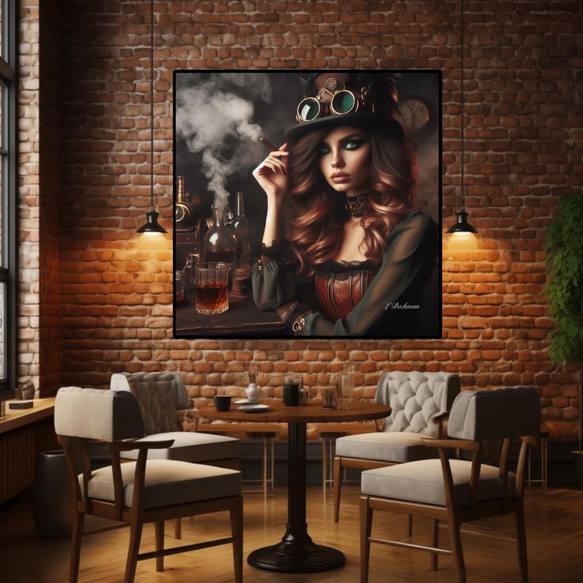 Steampunk Lady Smoking Printable Wall Art| Modern Wall Art| Bar  Decor| Trendy Woman Art| Good Vibes Bar Decor| Woman Smoking Art | Canvas