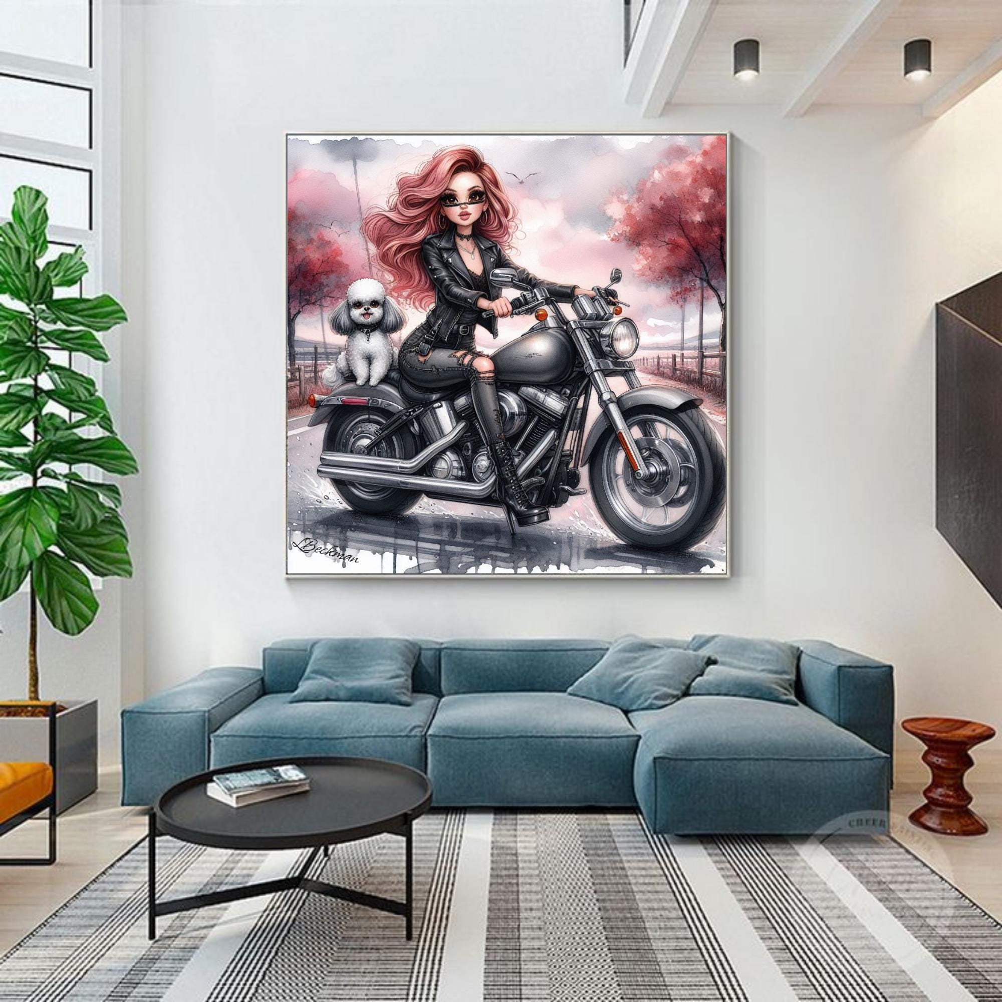 4 Pages Rose Rider Motorcycle Wall Art | Canvas Painting | Garage Decor | Retro Motorbike Art | Girl Room Art| Motorbike Lady Rider Decor