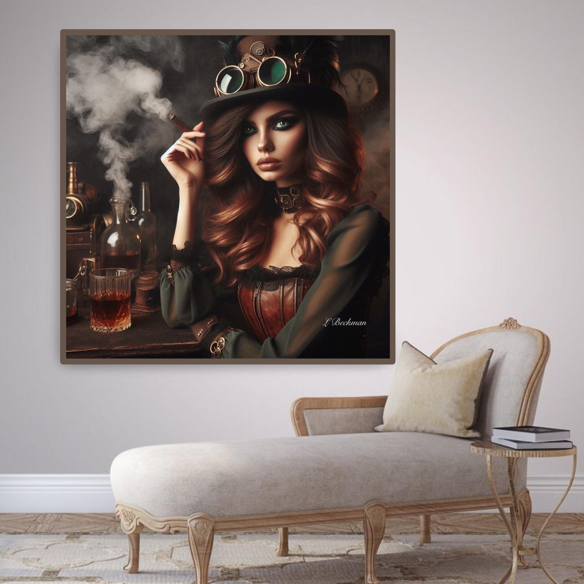 Steampunk Lady Smoking Printable Wall Art| Modern Wall Art| Bar  Decor| Trendy Woman Art| Good Vibes Bar Decor| Woman Smoking Art | Canvas