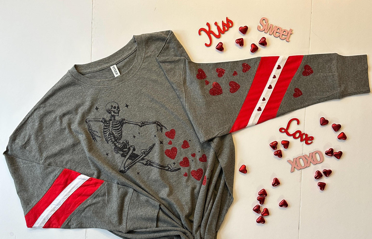 Dancing Skeleton Valentines Long sleeve T-shirt with hearts Varsity style t-shirt for valentines day skeleton ballerina style glitter