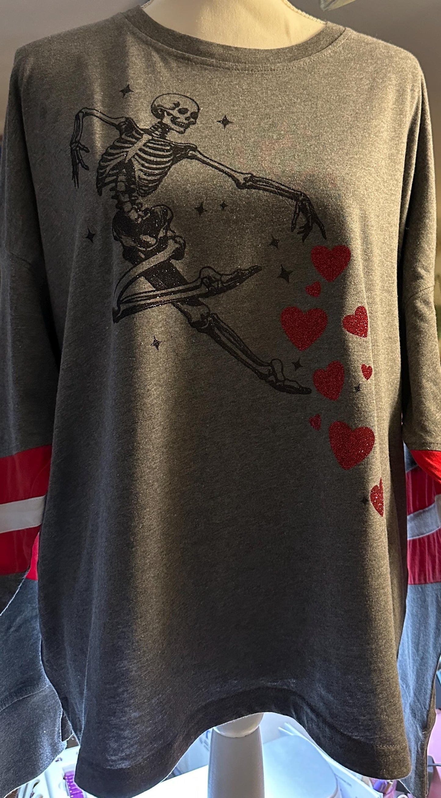 Dancing Skeleton Valentines Long sleeve T-shirt with hearts Varsity style t-shirt for valentines day skeleton ballerina style glitter