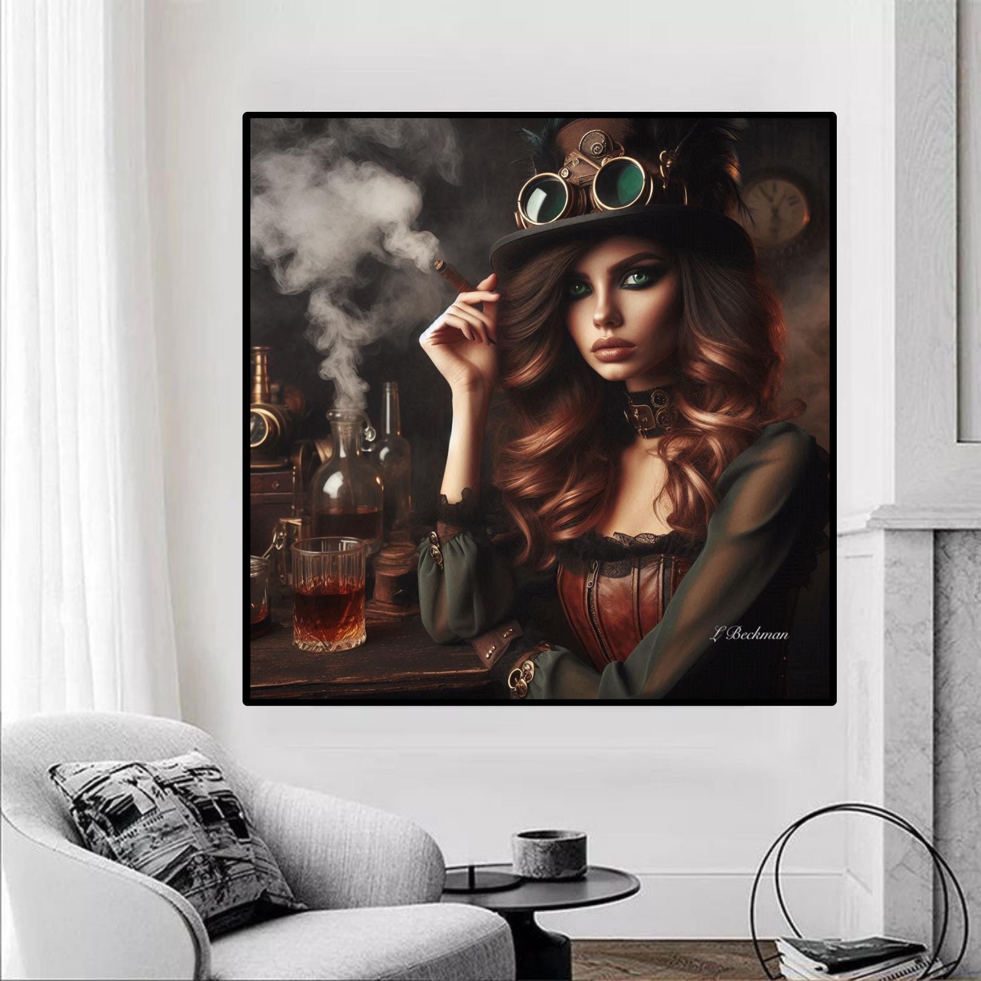 Steampunk Lady Smoking Printable Wall Art| Modern Wall Art| Bar  Decor| Trendy Woman Art| Good Vibes Bar Decor| Woman Smoking Art | Canvas
