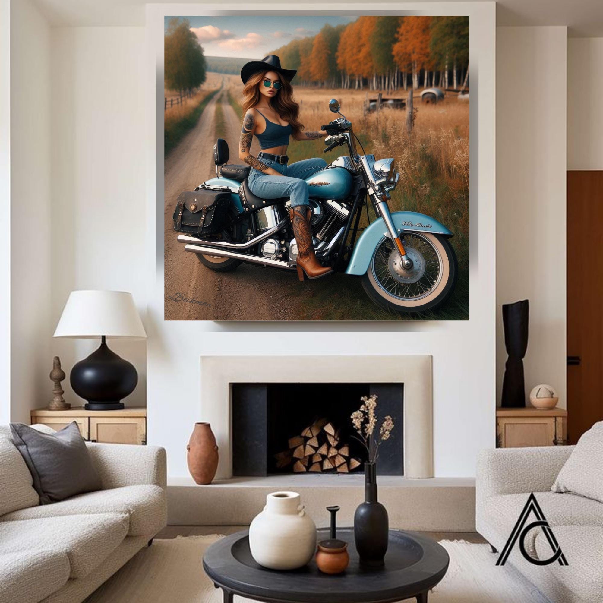 2 Page Blue Stallion | Motorcycle Wall Art | Canvas Painting | Garage Decor | Retro Motorbike Art | Girl Room Art| Motorbike Canvas Painting
