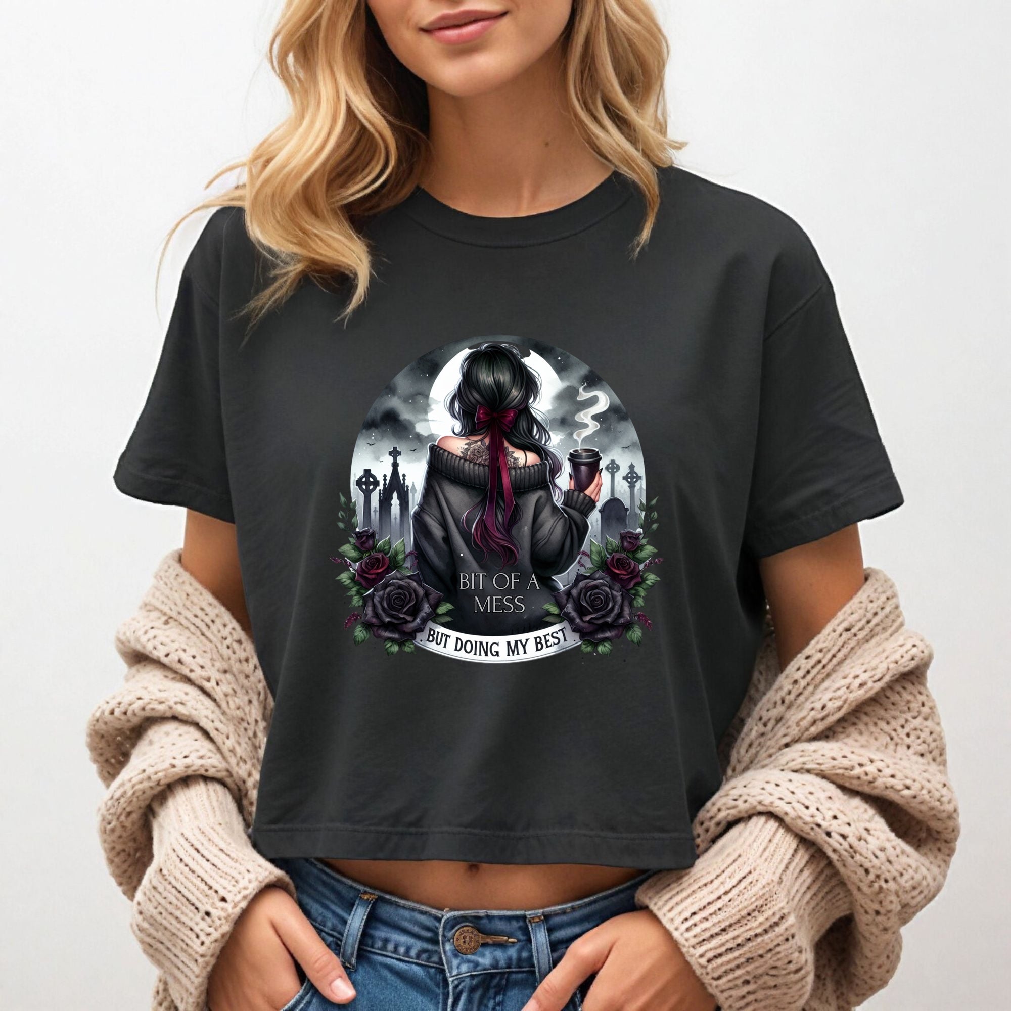 Bit of a Mess But Doin My Best | Womens Flowy Cropped Tee | Bella Canvas | Short Sleeve T-shirt | Spicy Disaster