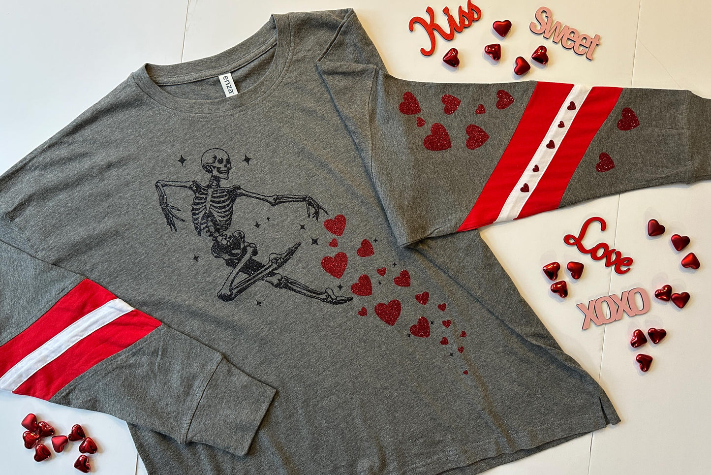 Dancing Skeleton Valentines Long sleeve T-shirt with hearts Varsity style t-shirt for valentines day skeleton ballerina style glitter