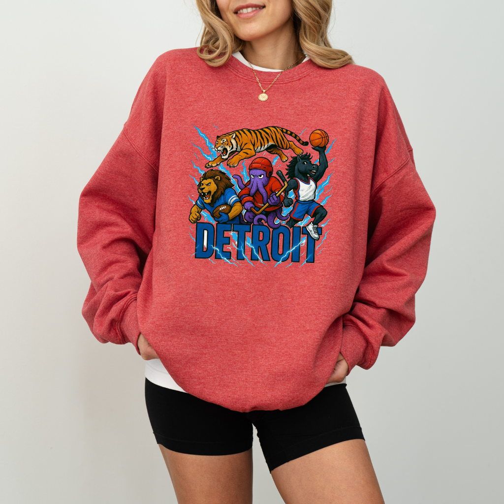 Detroit Sports Mascots Mash Up | Lions | Tigers | Redwings | Pistons | Gildan red heather scarlet crew neck sweatshirt unisex