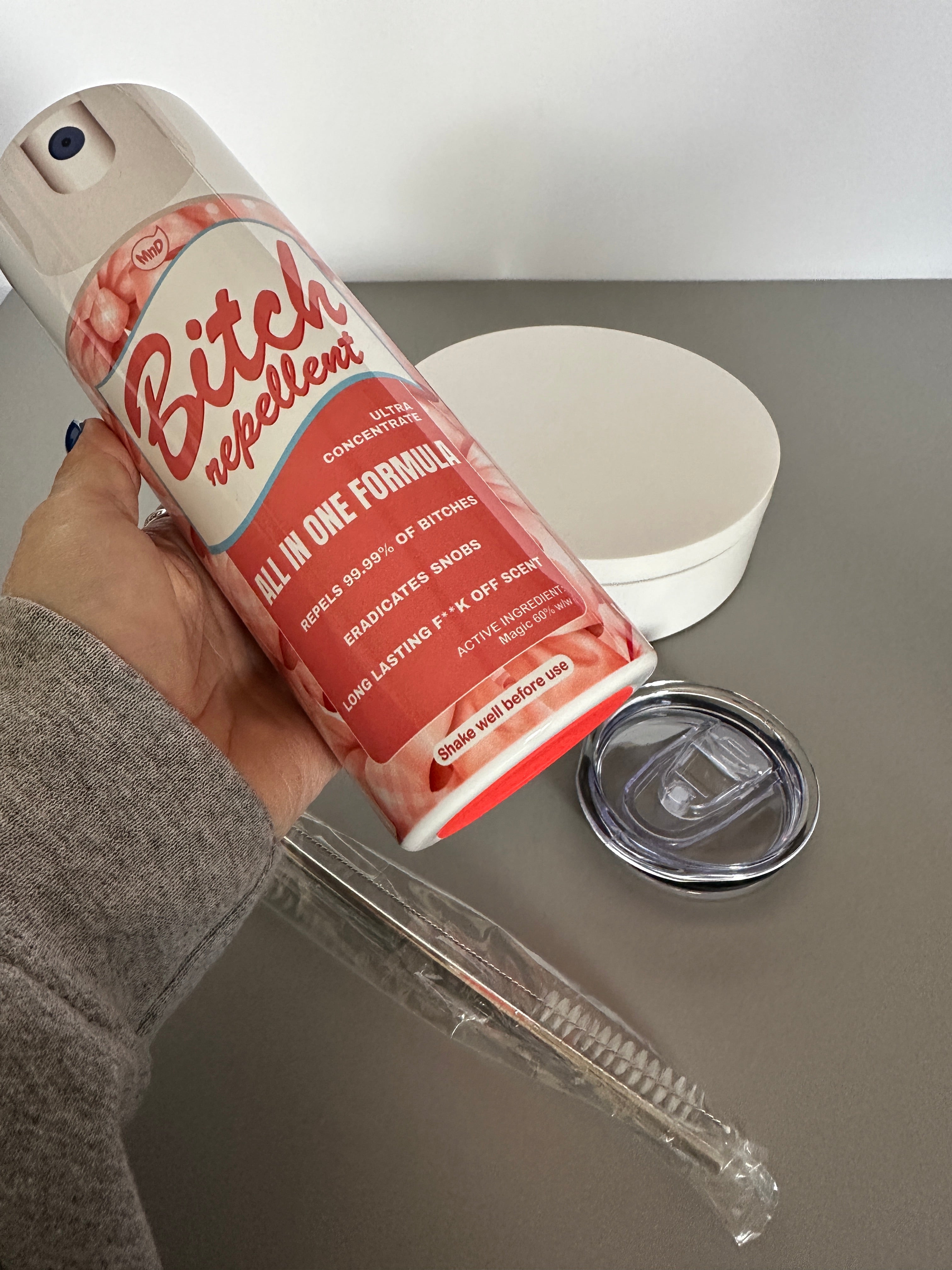 FunnyGiftForFriends​ 20ozTumbler Bitch Be Gone Spray Tumbler Humorous Insulated Travel Mug Practical Joke Drinkware