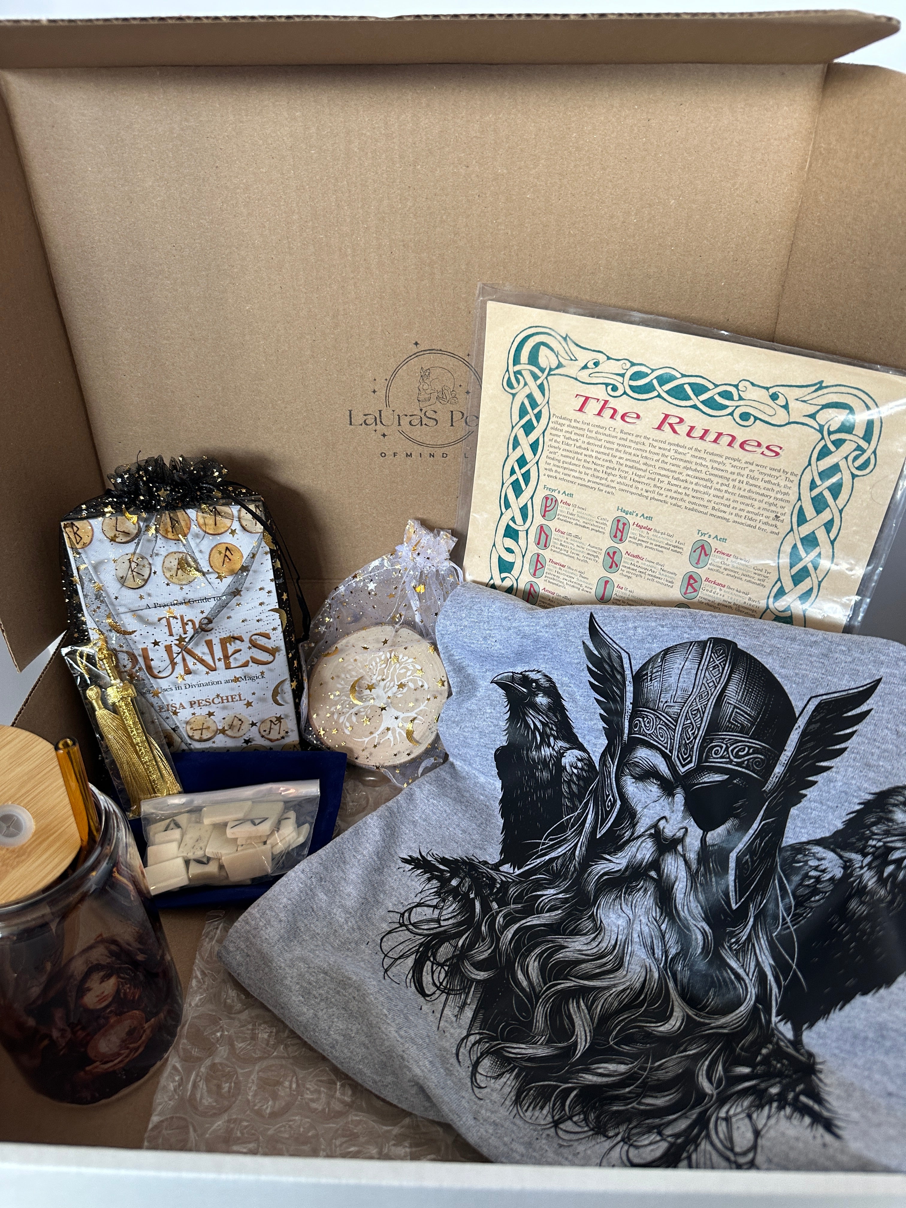 Runes Gift Set | Cozy Book Bundle | Bone Runes | Rune Poster | 20 oz Stainless Steel Tumbler | 16 oz Glass Libby Style | Tree of Life