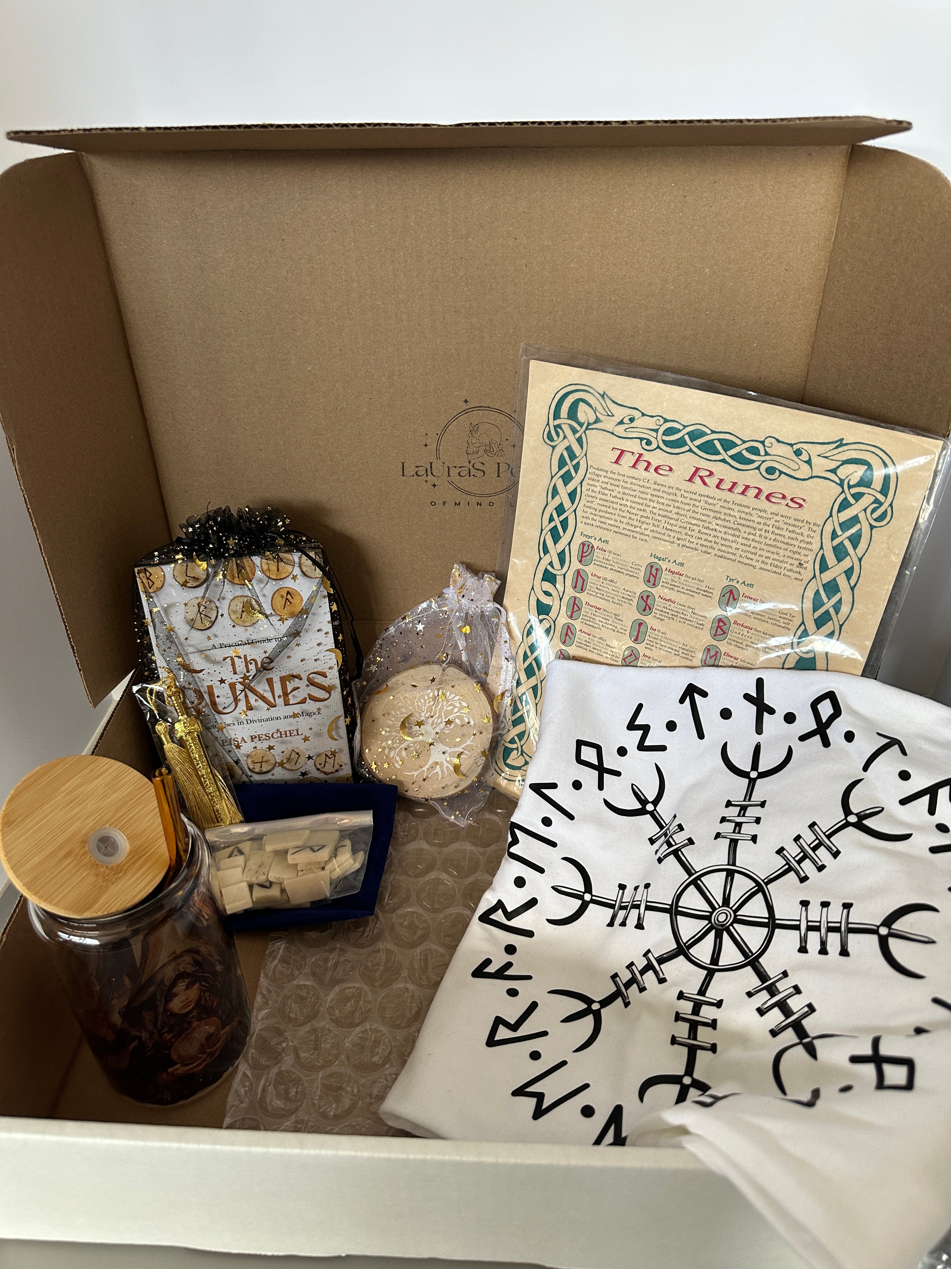 Runes Gift Set | Cozy Book Bundle | Bone Runes | Rune Poster | 20 oz Stainless Steel Tumbler | 16 oz Glass Libby Style | Tree of Life
