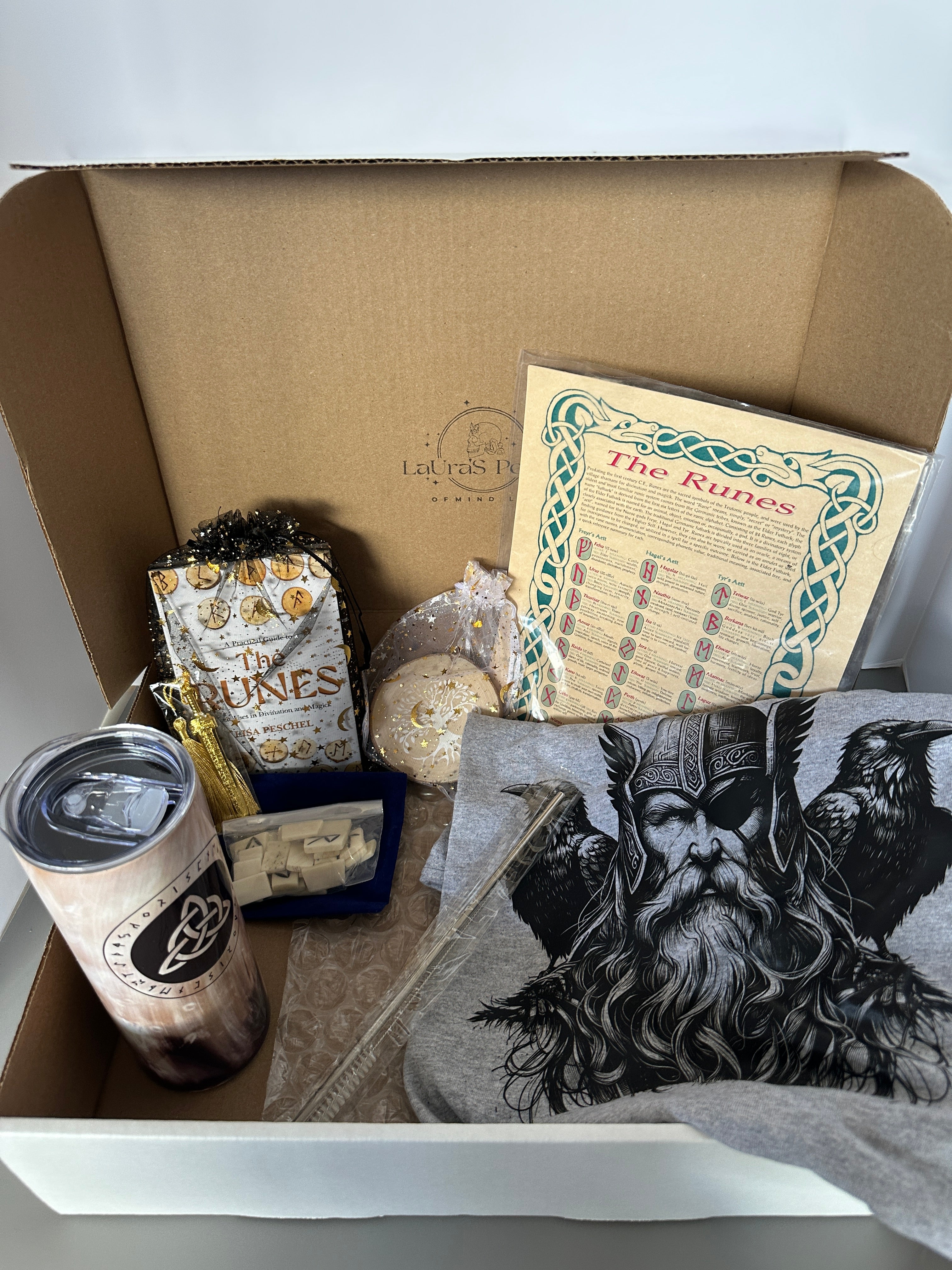 Runes Gift Set | Cozy Book Bundle | Bone Runes | Rune Poster | 20 oz Stainless Steel Tumbler | 16 oz Glass Libby Style | Tree of Life