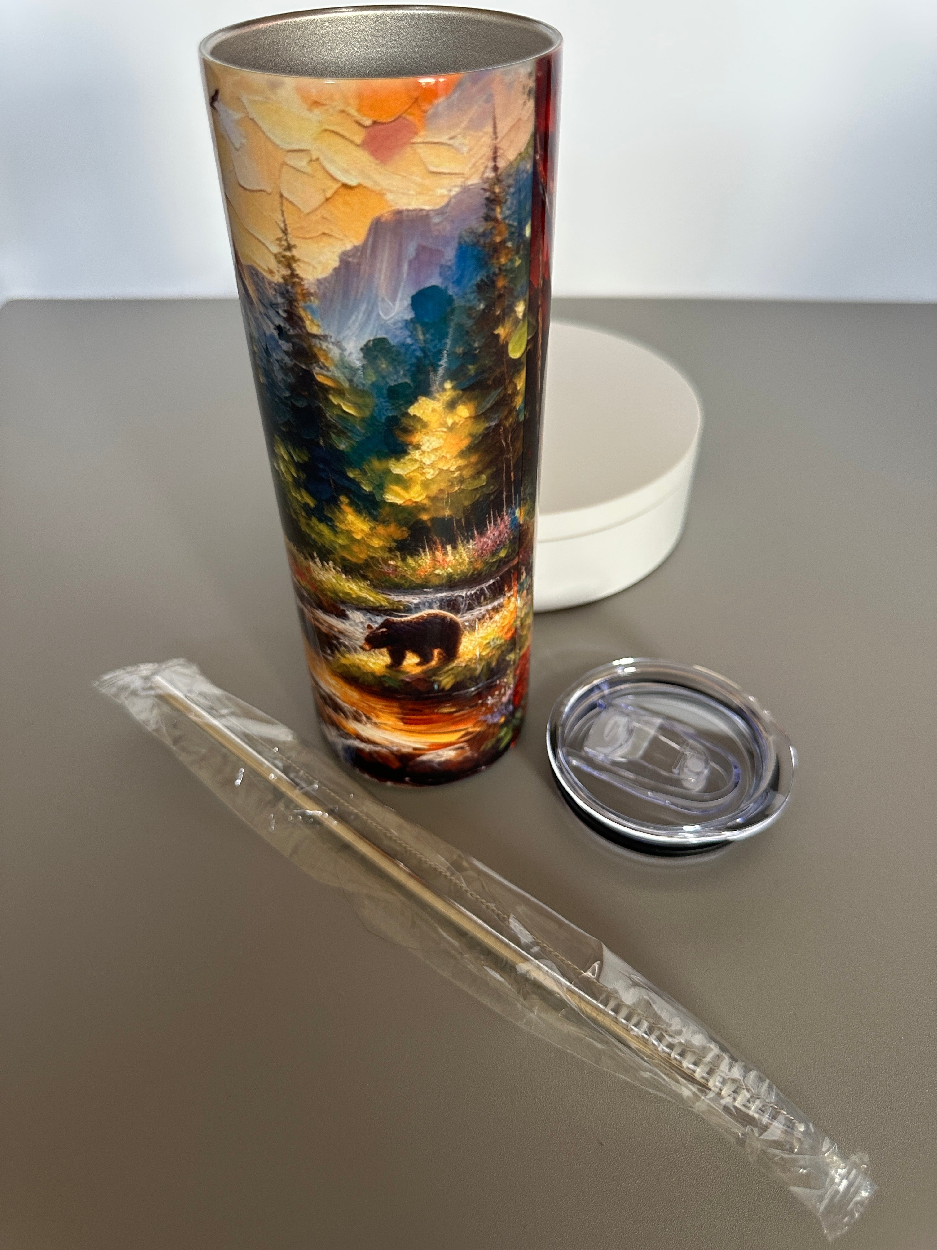 Artistic Travel Mug Wildlife Lover Gift Outdoor Adventure Tumbler Eco-Friendly Tumblers Personalized Drinkware Mountain Scenery Tumbler Rustic Travel Mug Smoky Mountains Tumbler Wildlife Drinkware Nature Art Tumbler Original Art Tumbler Oil Painting Tumbler 20 oz Stainless Steel Tumbler Black Bear Tumbler Tennessee Landscap