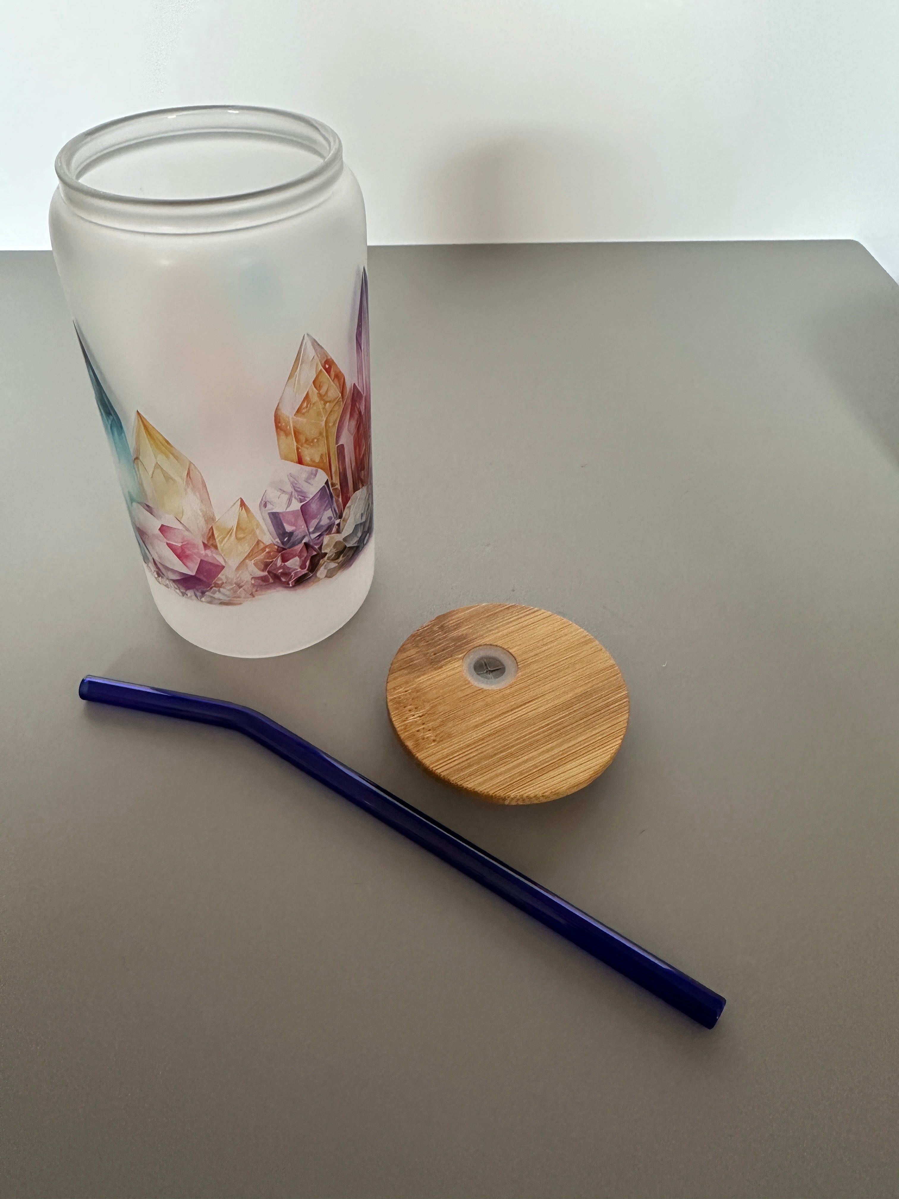 Libby cup with straw and lid Agate coaster and crystals Crystal gift set