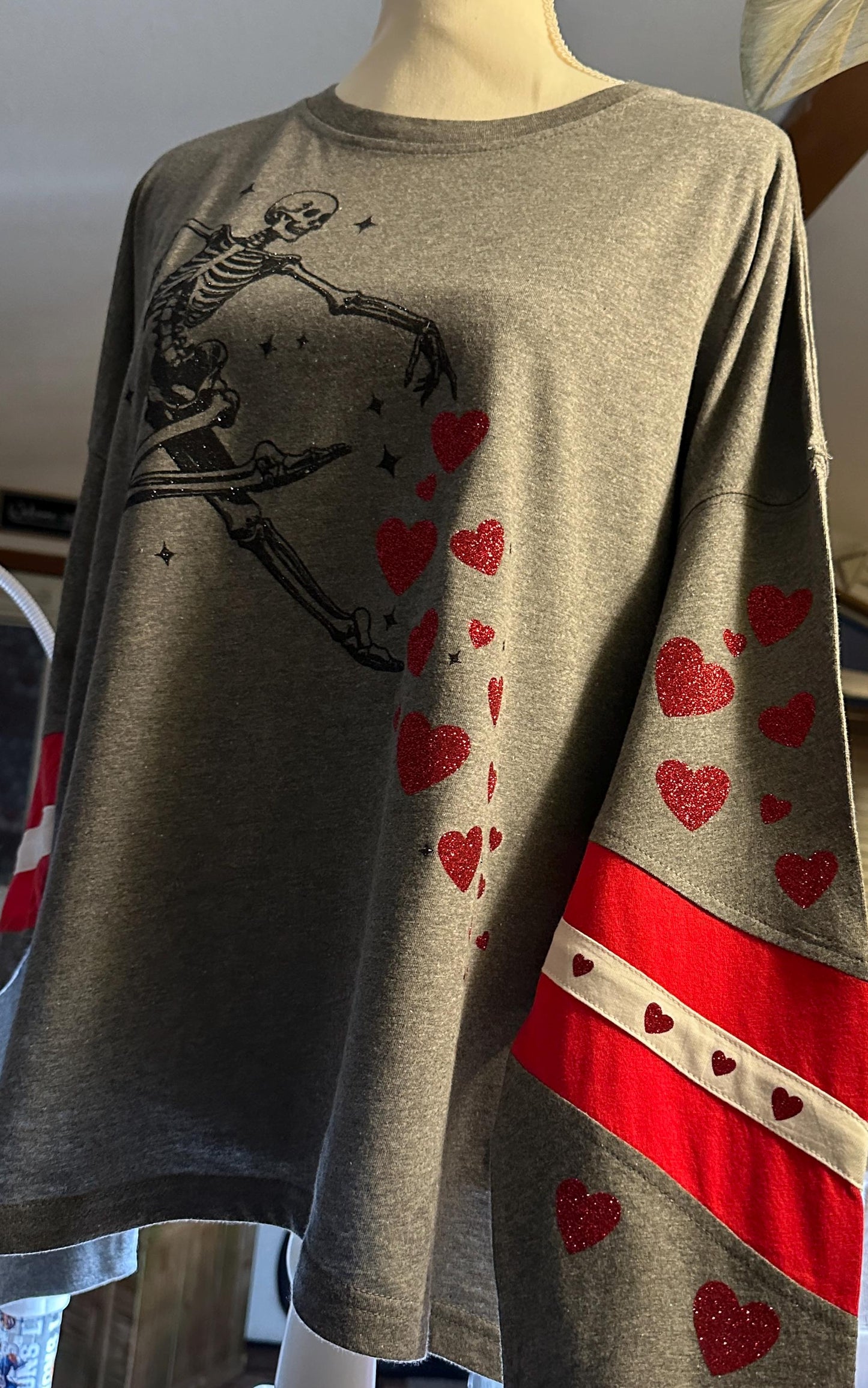 Dancing Skeleton Valentines Long sleeve T-shirt with hearts Varsity style t-shirt for valentines day skeleton ballerina style glitter