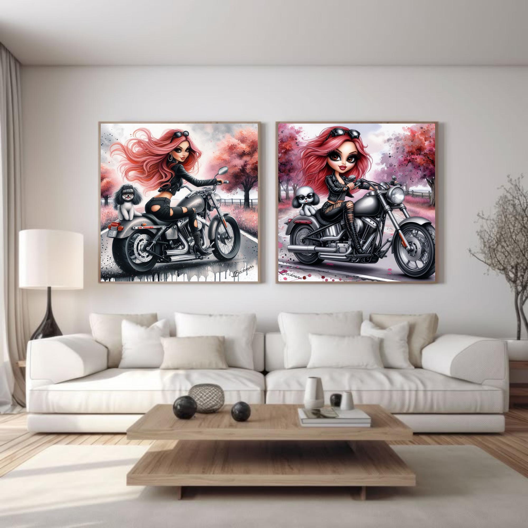 4 Pages Rose Rider Motorcycle Wall Art | Canvas Painting | Garage Decor | Retro Motorbike Art | Girl Room Art| Motorbike Lady Rider Decor