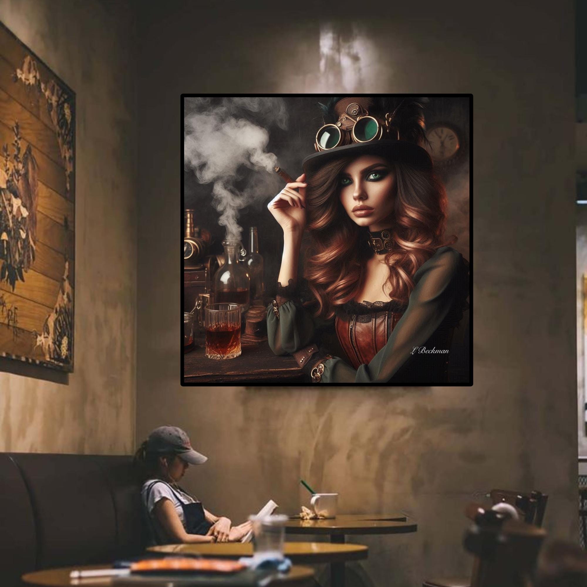 Steampunk Lady Smoking Printable Wall Art| Modern Wall Art| Bar  Decor| Trendy Woman Art| Good Vibes Bar Decor| Woman Smoking Art | Canvas