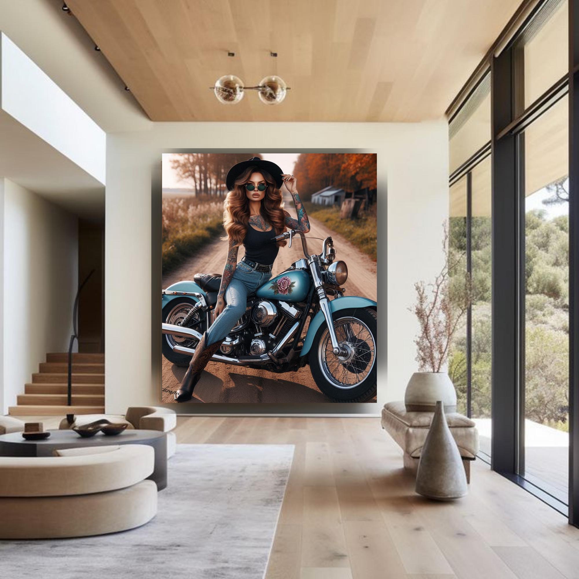 2 Page Blue Stallion | Motorcycle Wall Art | Canvas Painting | Garage Decor | Retro Motorbike Art | Girl Room Art| Motorbike Canvas Painting