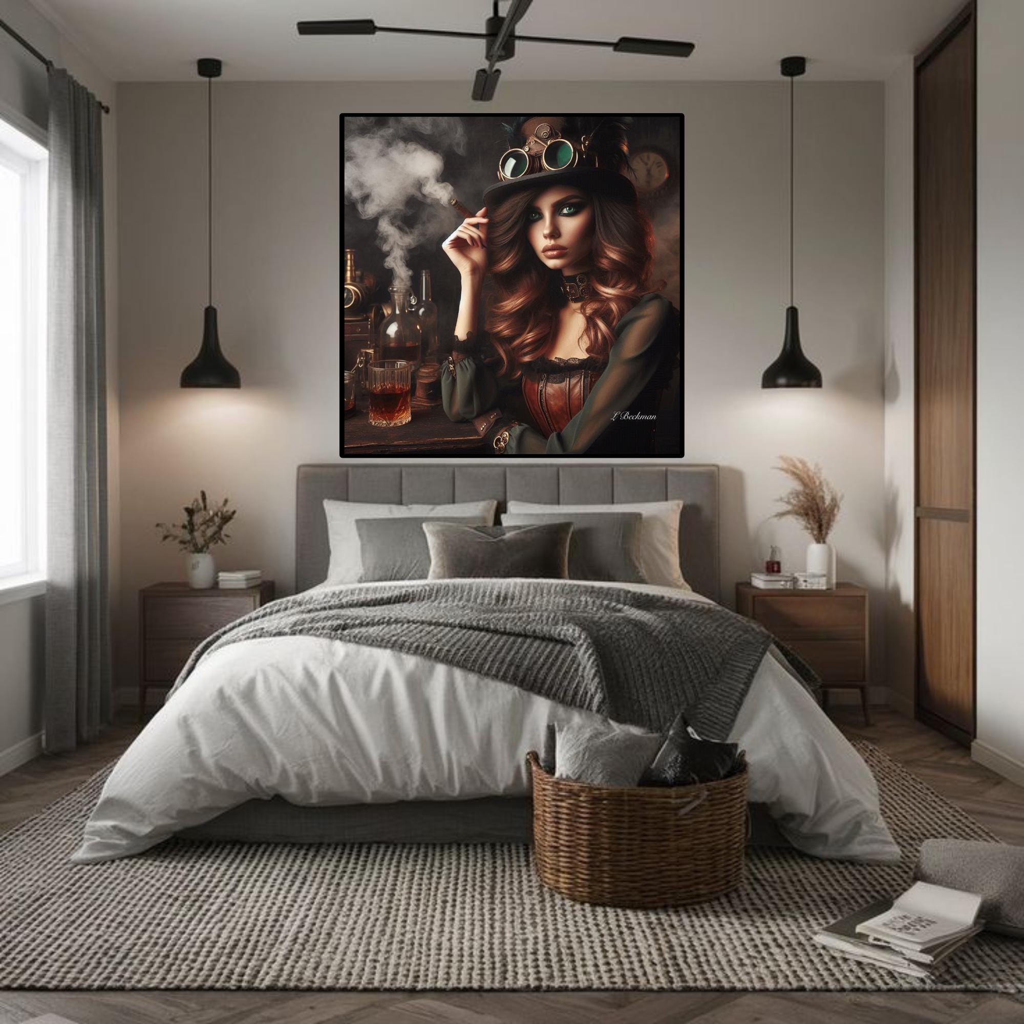 Steampunk Lady Smoking Printable Wall Art| Modern Wall Art| Bar  Decor| Trendy Woman Art| Good Vibes Bar Decor| Woman Smoking Art | Canvas